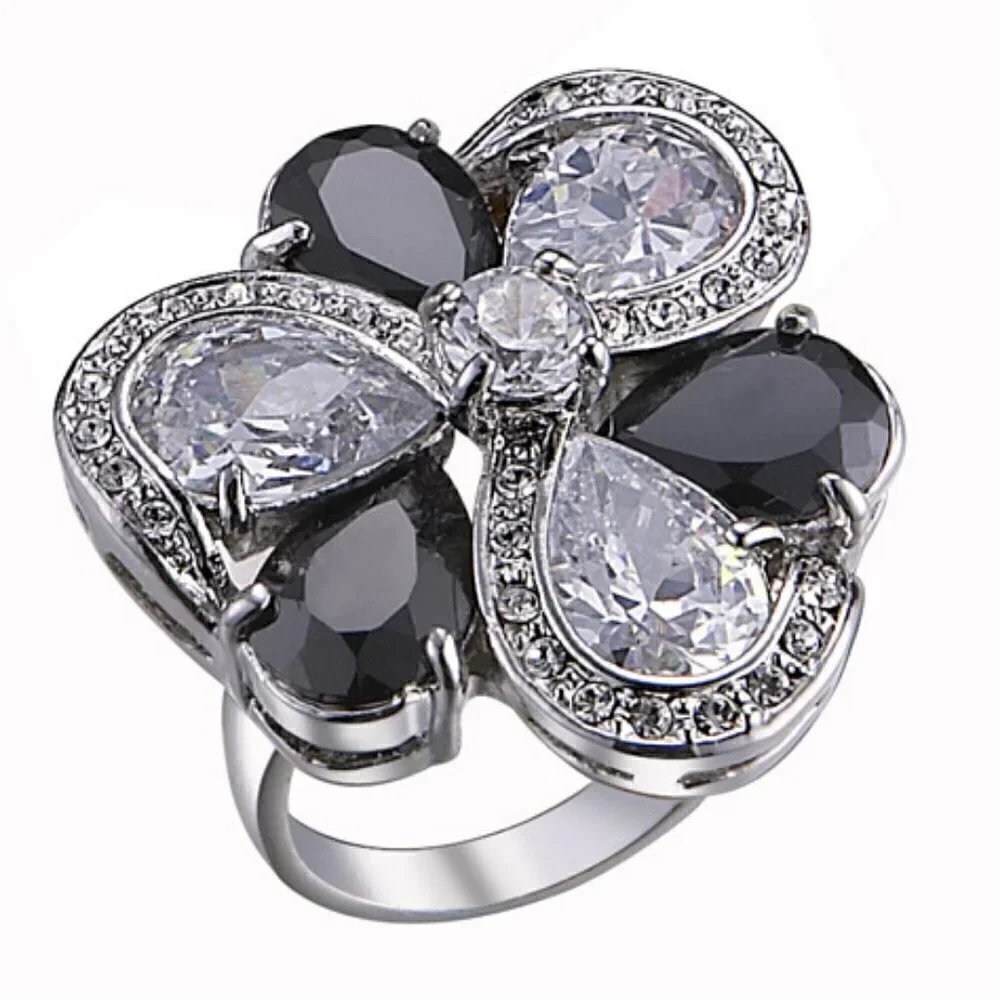 Womens Glamour Black Cz White Flower Cubic Zirconia Cocktail Party Chunky Ring 6